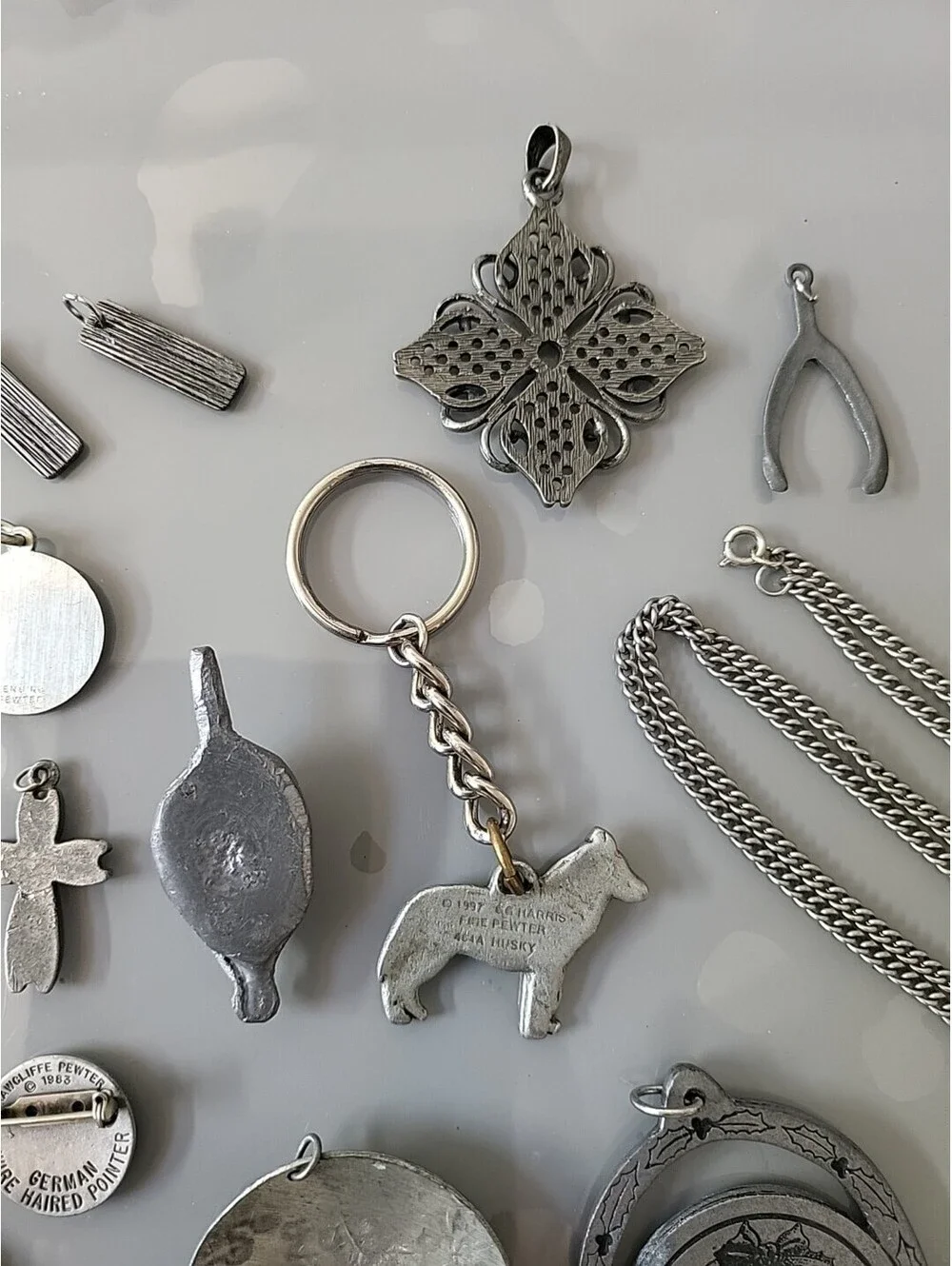 Vintage Signed Pewter Pcs Lot Of Charms Keychain Pin Chain See Up Close Pics